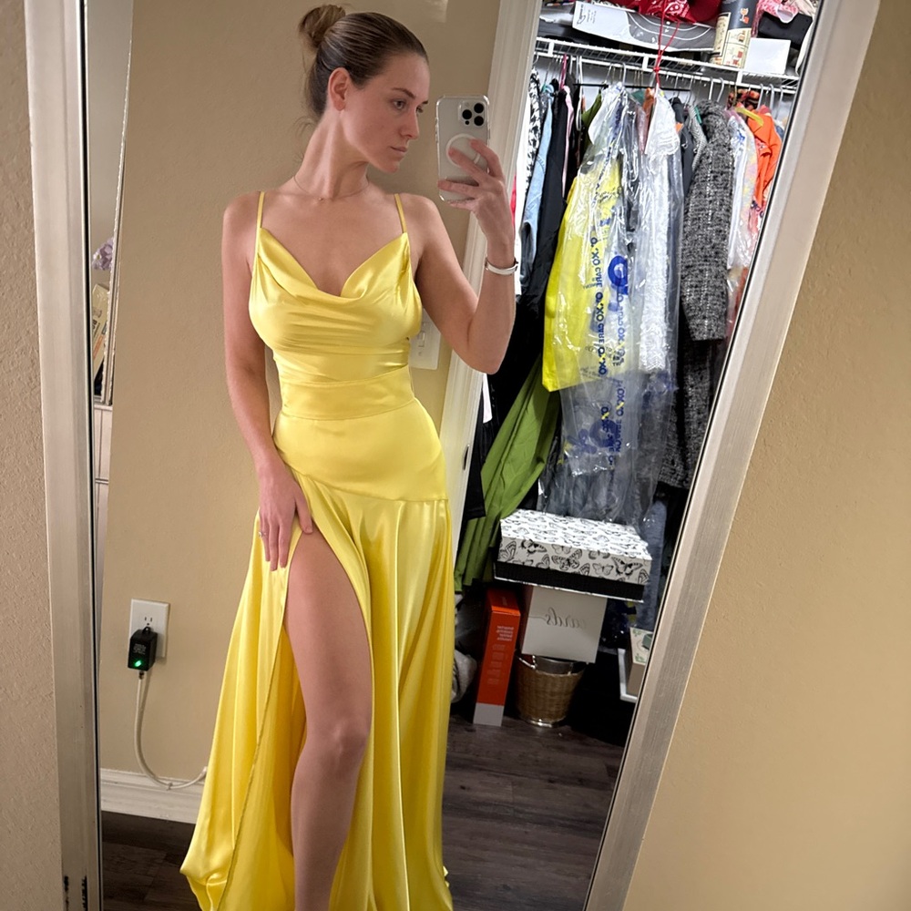 Bronx and Banco Satin Cowl Neck Yellow Maxi Dress - Picture 3 of 4